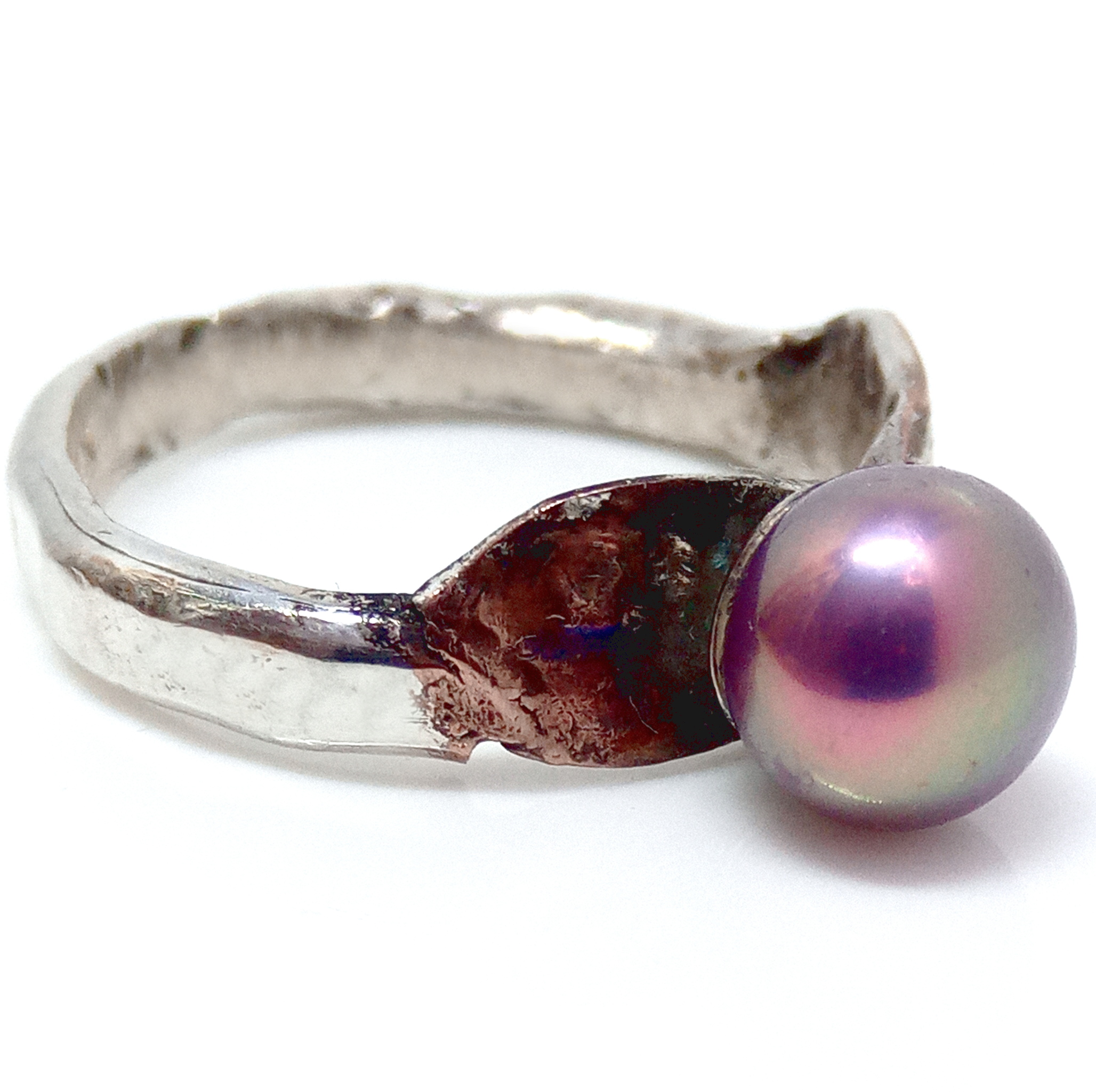 Fused Silver Ring with Rose Pink Pearl